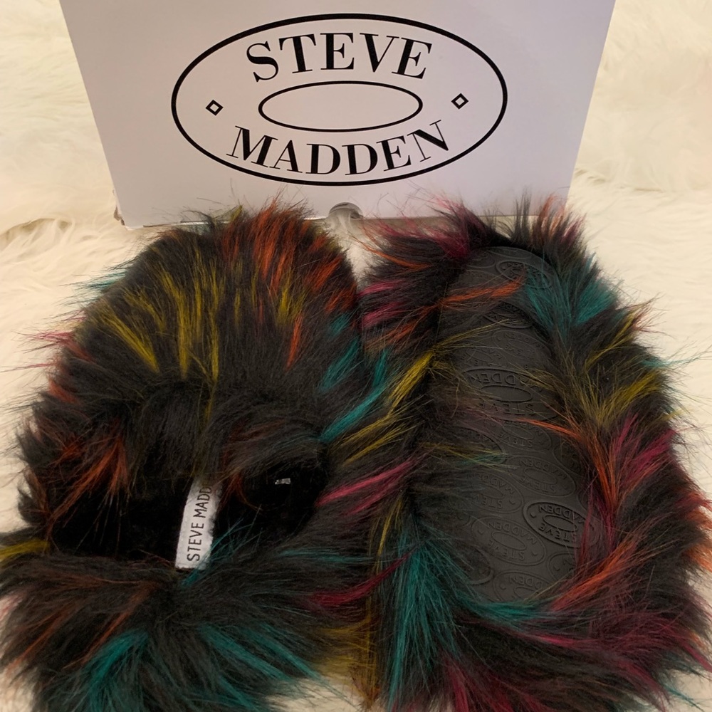 Brand New Steve Madden Rainbow Faux Fur Slippers